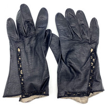Vintage Women's Short Leather Gloves Black Unlined Lace Inset