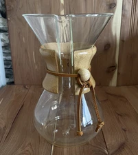 Vtg MCM Chemex Pyrex Glass Pour Over Coffee Maker /Wooden Collar, 8.25"