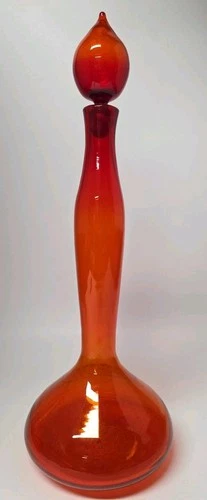 Blenko Glass 5815M Decanter Orange Red Tangerine With Stopper 24" Tall Vtg