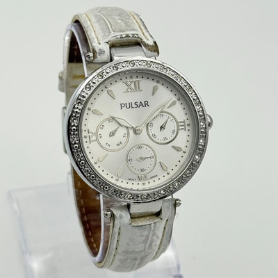#ad Women#x27;s PULSAR Swarovski Crystal Accented Watch Silver Tone Leather VD75 X044 $10.79
