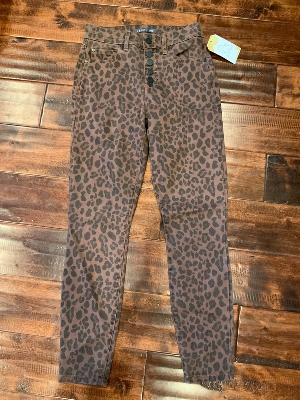 Level 99 Anthropologie Exposed Button Fly Leopard Skinny Jeans, Size 24