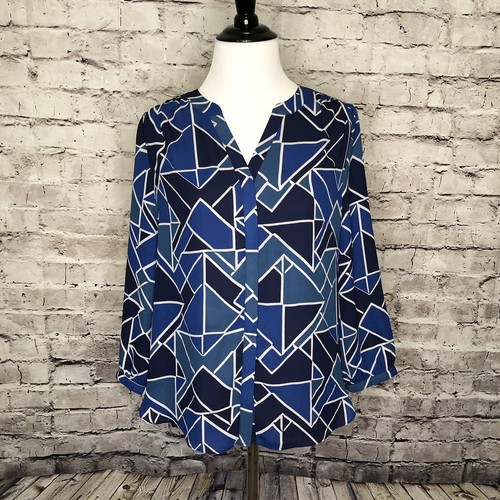 NYDJ Blue Abstract Pintuck Pleat Back Blouse Button Placket Split Neck Size PXS