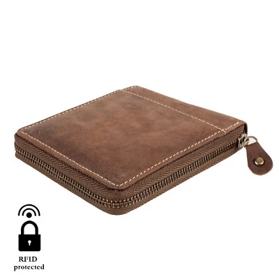 Mens Wallet Genuine Leather Credit Card Holder RFID Blocking Zipper slim coin