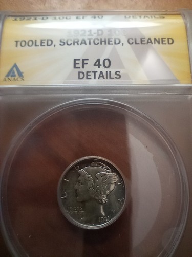 1921-D Mercury Dime Certified ANACS XF40 Details,Cleaned -Tooled,Scratched. - Picture 5 of 5