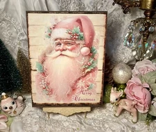 Shabby Chic Pink Santa Christmas Victorian Cottage Handcrafted Plaque Sign B