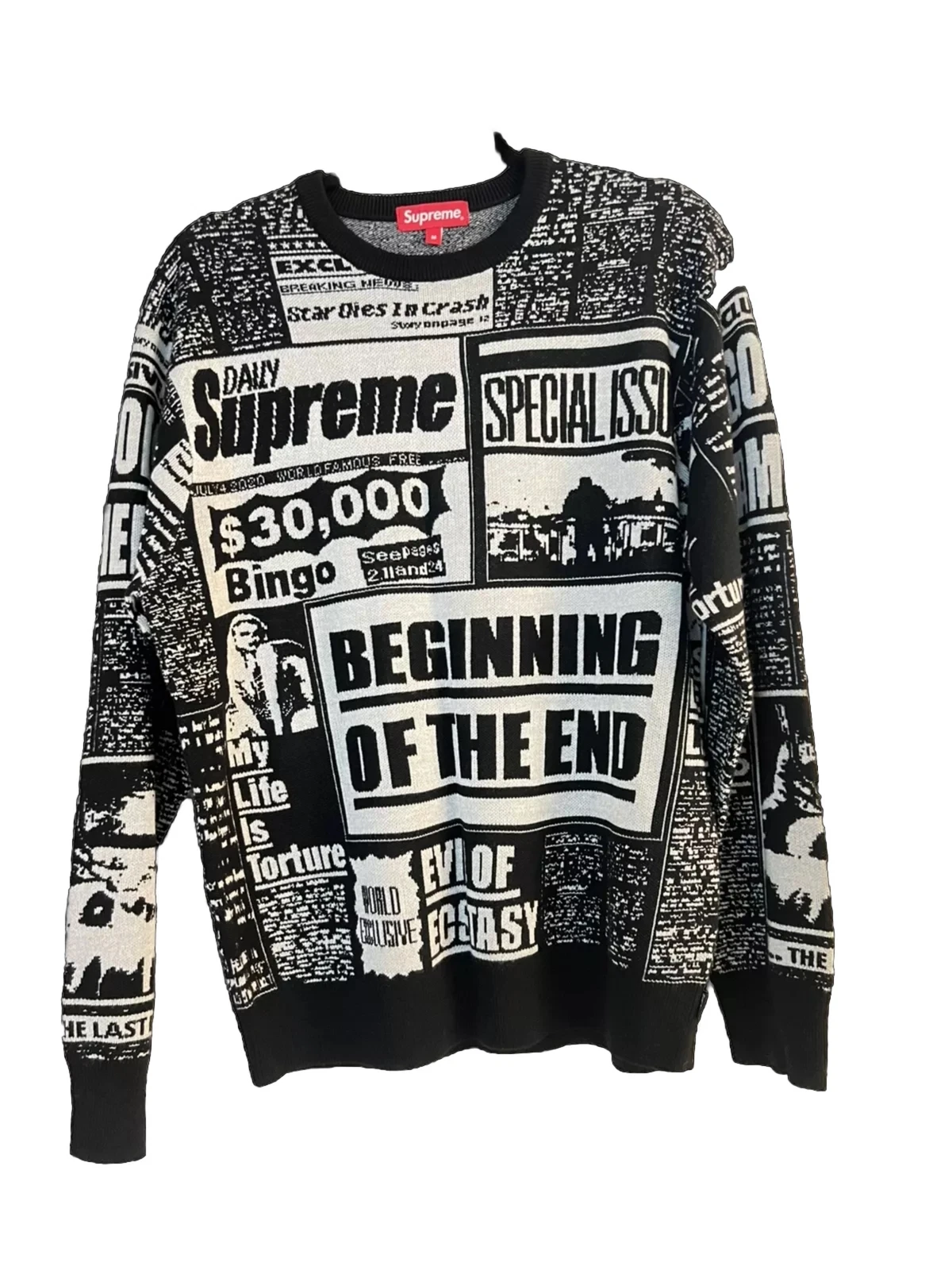 Pull en laine mérinos col rond noir blanc journal SUPREME moyen rare