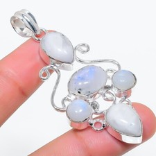 Rainbow Moonstone Gemstone Handmade 925 Sterling Silver Jewelry Pendant Sz 2.5"