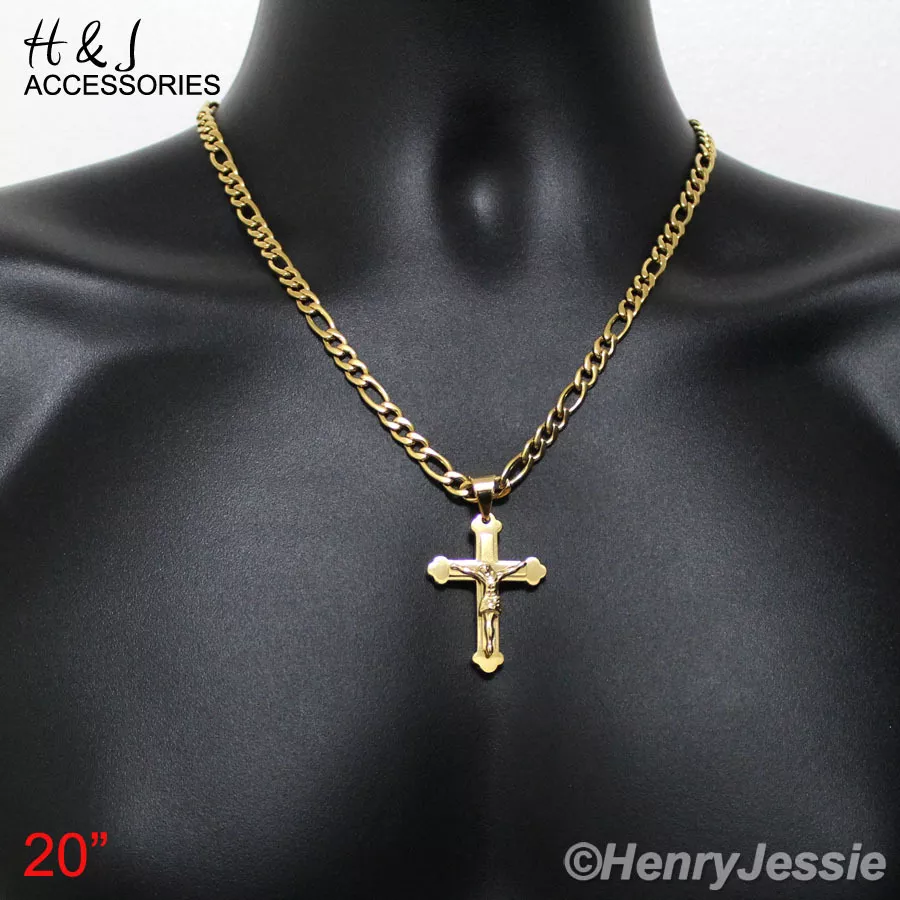 14K Gold Filled Cross Necklace 20” Figaro Link For Men Women 33x18mm /  Cadena Figaro Link Y Dije de Cruz Para Hombre / Crucifix Necklace / Figaro