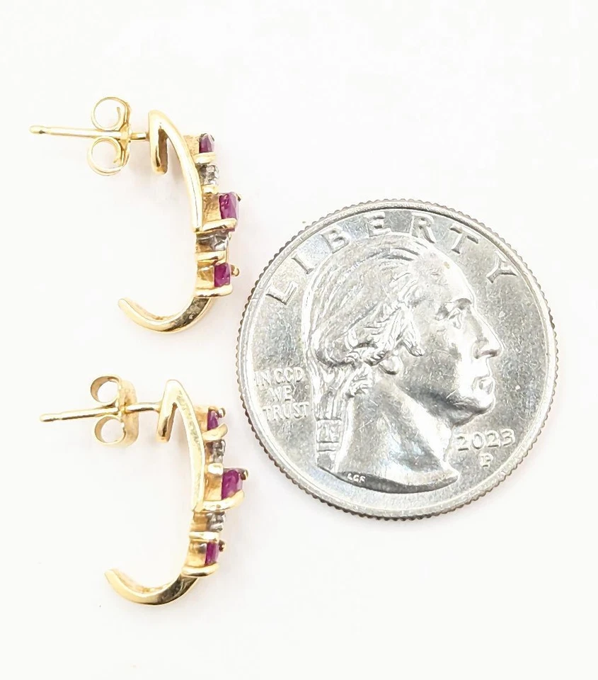 14K 2.9g Solid Yellow Gold Marquise Cut Ruby & Diamond Huggie Jacket Earrings - Image 2 of 4