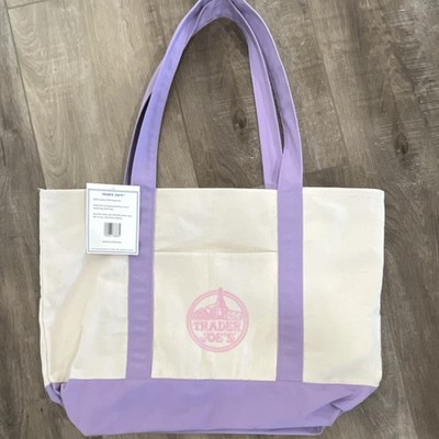 Trader Joe's Foldable Canvas Reusable Shopping Bag Purple Beige 20x6x12in New