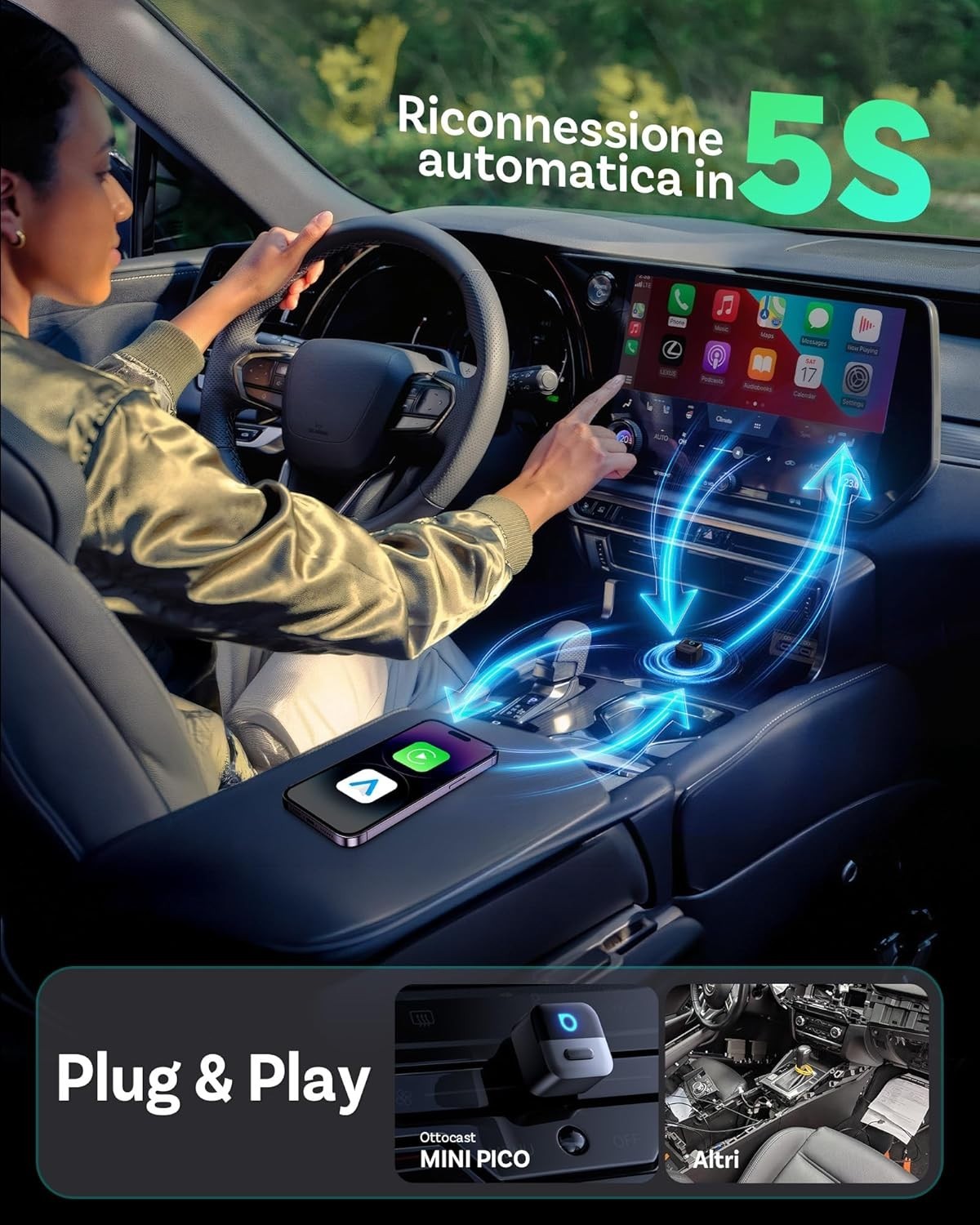 OTTOCAST Mini Pico Adattatore Wireless CarPlay e Android Auto WiFi 6 Plug & Play - Miniatura 6