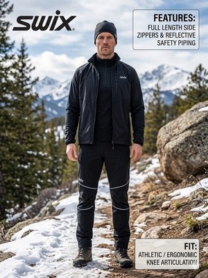 Swix Men Black Technical Cross Country Ski Hiking Pants Full Side Zip Reflective