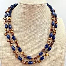Vintage Boho Double Strand Blue & Bronze Shell Bead Toggle Necklace 16-18"