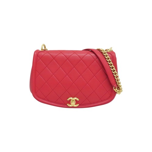 CHANEL Coco Mark Saddle Flap Shoulder Bag Calfskin Red