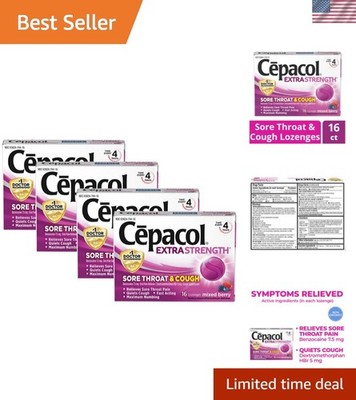 Extra Strength Sore Throat & Cough Relief Lozenges, 16 Count, Mixed Berry Fla...