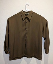 VTG 70s Monzini Shirt Mens Brown LS Made In USA Polyester Button Up - XL EUC