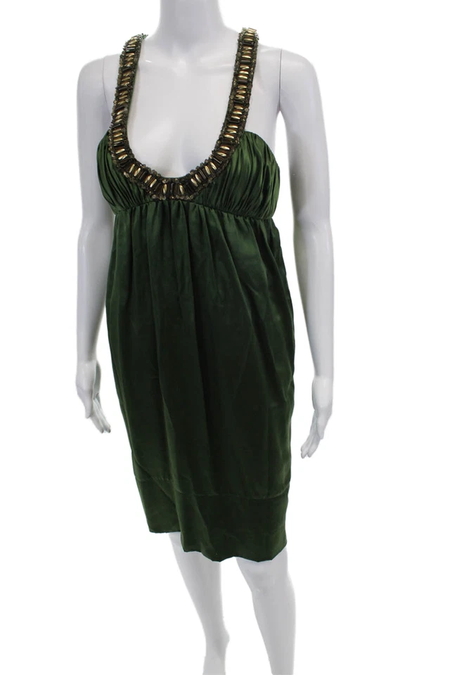 Marc Bouwer Glamiti Womens Silk Beaded Halter Neck Sleeveless Dress Green Size 1 - Image 2 of 4