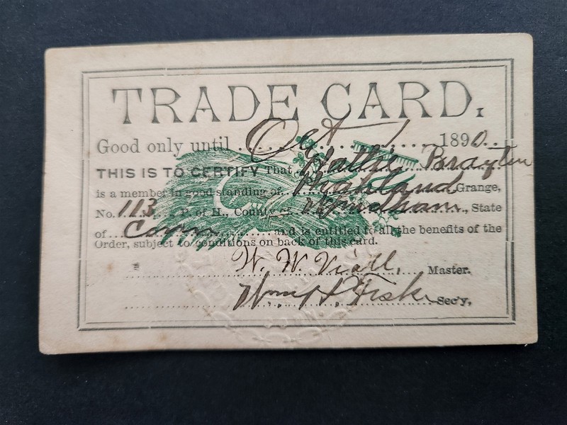 1896 antique GRANGE TRADE CARD windham ct HATTIE BRAYTON Highland Grange