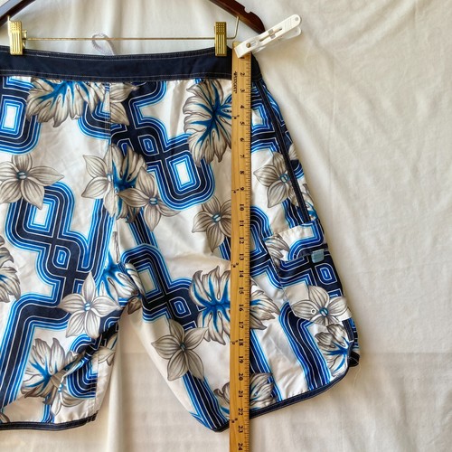 Vintage Ocean Pacific Mens Swim Suit Trunks Shorts Size 34 Plumeria Blue 90s Y2K - Picture 10 of 16
