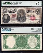 NICE Bold & Crisp VF 1907 $5 "WOODCHOPPER" US Legal Tender Note! PMG 25! 87050