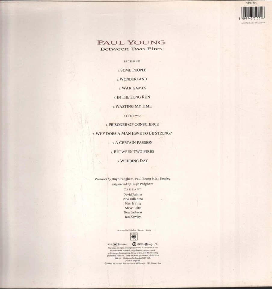 Paul Young Between Two Fires LP vinyl UK Cbs 1986 with inner - labels, inner and - Image 2 of 4