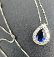 Zales Designer 18" Sterling Silver Blue Teardrop CZ Pendant Necklace