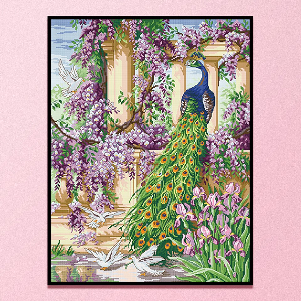 Full Embroidery Stamped Peafowl Flower DIY 11CT Cotton Thread Cross