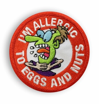 Eier & Nuss Allergie Nähpatches auch Pin Abzeichen & Aufkleber Allergische Eier & Muttern