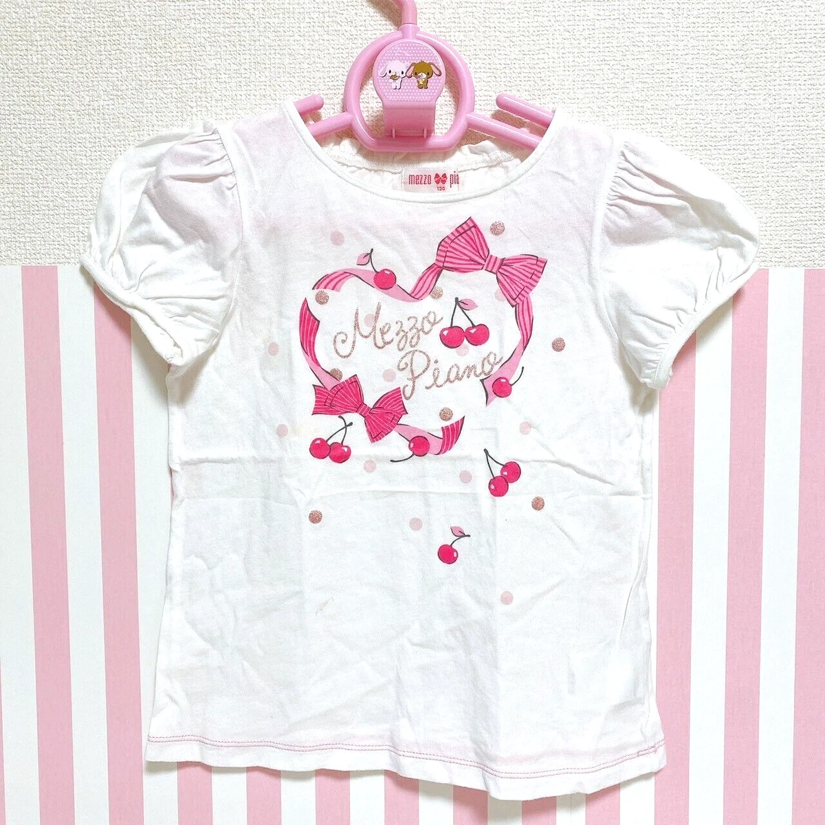 Mezzo Piano Kids T-shirt 130 Size White Cherry Ribbon Pink Heart  