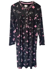 ARIA Nightgown Small Black Floral Fleece Velour Long Sleeve Super Soft NWT
