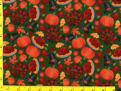Turkeys Pumpkins Fall Leaves Dark Green Quilting Sewing Fabric by the ...