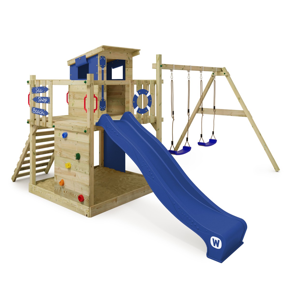 WICKEY Smart Camp Wooden climbing frame Swing set with sandpit and slide