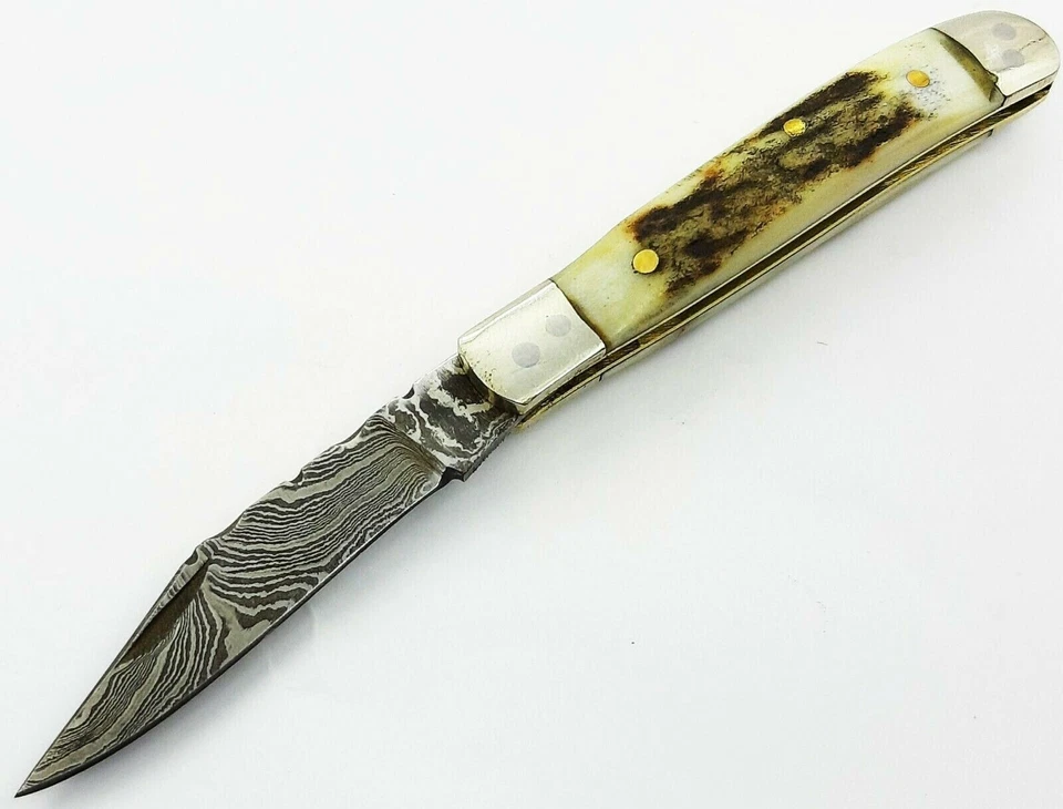 Cuchillo de bolsillo plegable mini trampero de acero Damasco forjado a mano mango de ciervo/cuerna Foto 3 de 4
