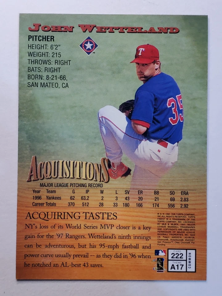 1997 Finest #222 John Wetteland B ~ Texas Rangers - Image 2 of 2