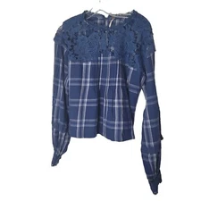 Free People Womens Size Small Blue Plaid Darling Diana Long Sleeve Shirt