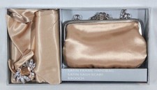 HOLIDAY ACCESSORY SET GOLD SATIN FRAMED HANDBAG SASH SCARF & BROOCH NEW IN BOX
