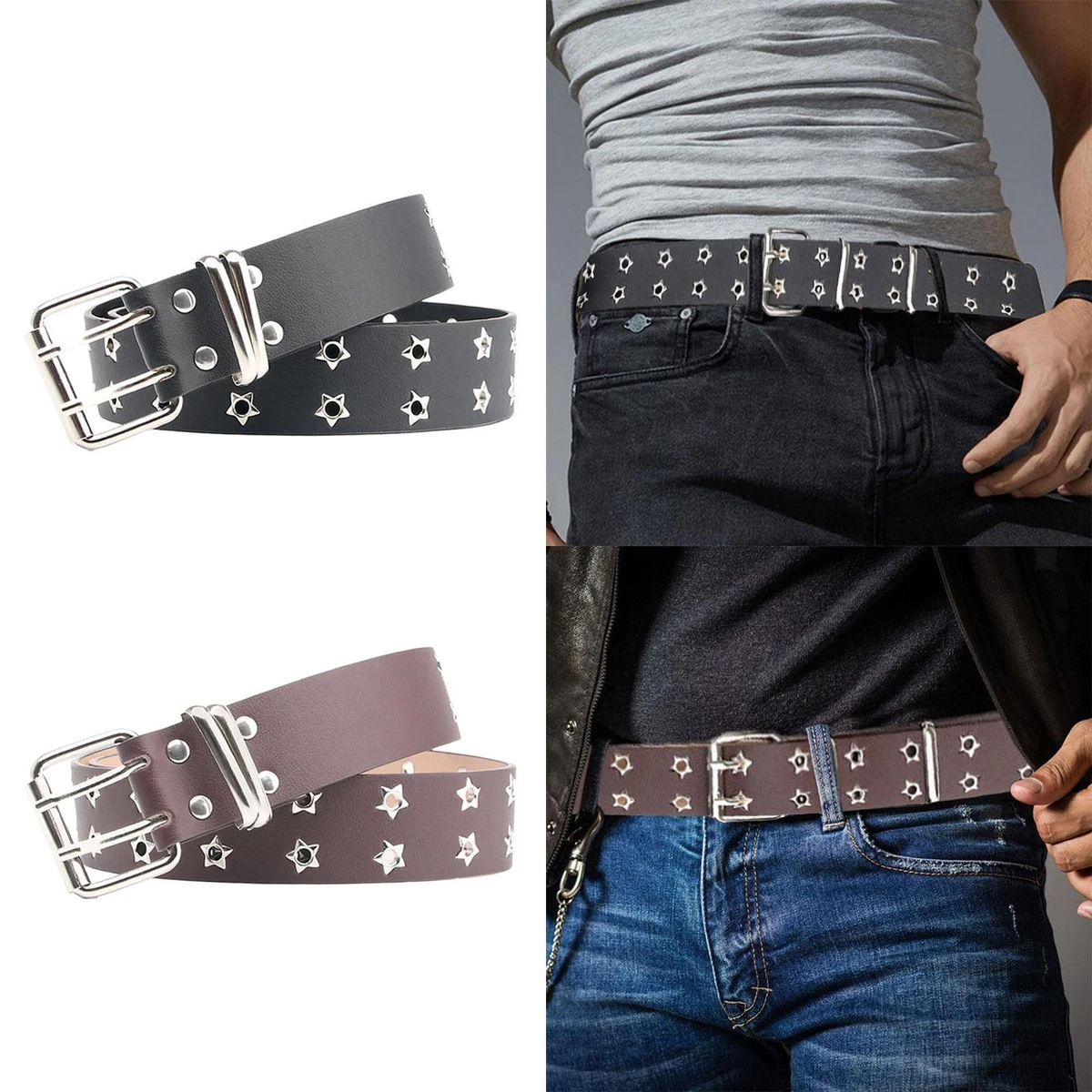 Double Grommet Belt with 2 Holes Gothic PU Leather Adjustable Punk