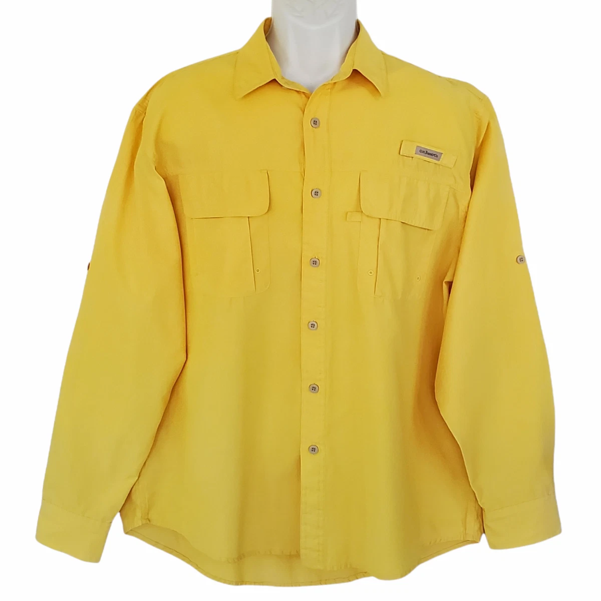 G H Bass Fishing Shirt Men's L Yellow Vented Pockets Button Tab