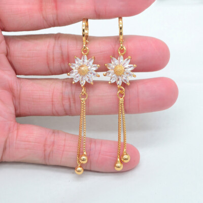 18K Yellow Gold Filled Women Clear Mystic Topaz Sunflower Tassel Earrings