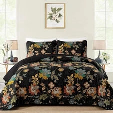Black Botanical Queen King Bedspread Bedding Microfiber Coverlet Set All Season