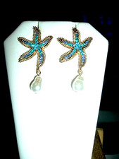 BLUE PAVE CRYSTAL GOLD STARFISH DANGLING PEARLS Betsey Johnson Pierced Earrings
