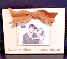 MUD PIE WOODEN FRAME BURLAP BOW TABLE OR WALL HOME WHERE OUR STORY BEGINS