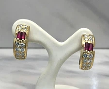 Vintage Chaumet Paris Ruby Diamond 18k Yellow Gold Huggie Hoop Clip Earrings
