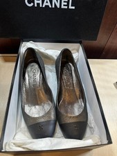 CHANEL Pumps Toe Cap Synthetic Leather Black Gray Women's Size EU36/US5.5