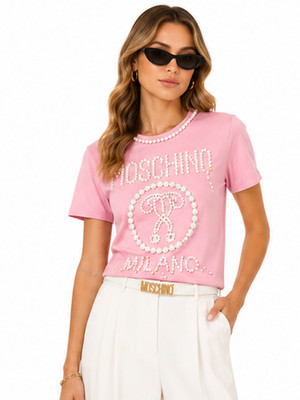 Moschino Couture Pink T-Shirt Pearls Logo Double Question Mark S
