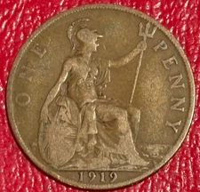 VINTAGE F/VF 1919 GREAT BRITAIN ENGLISH LARGE PENNY CENT-DEC626