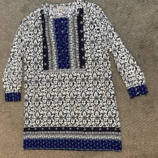 Ann Taylor Loft  Tunic Dress Blue Print Detail Buttons Womens Large EUC