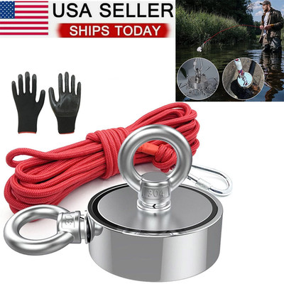 2000 LBS Strong Fishing Magnet Kit Double Sided Pull Force 20m Rope Carabiner