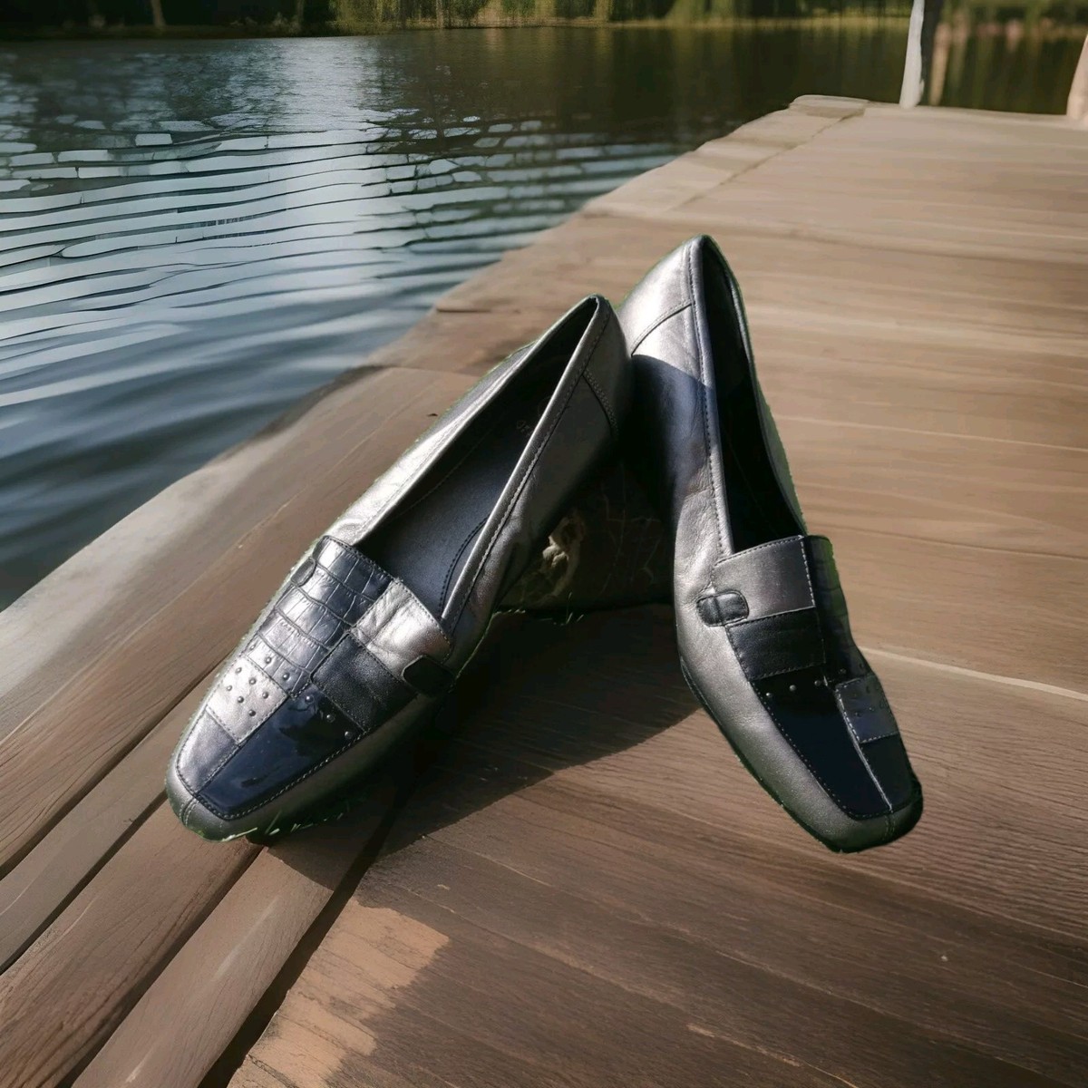 Womens Black silver grey leather patchwork k low wedge slip smart