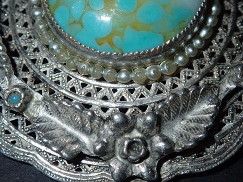 Antique Navajo Sterling Silver Brooch w Gold Matrix Turquoise & Beaded Surround - Picture 3 of 12